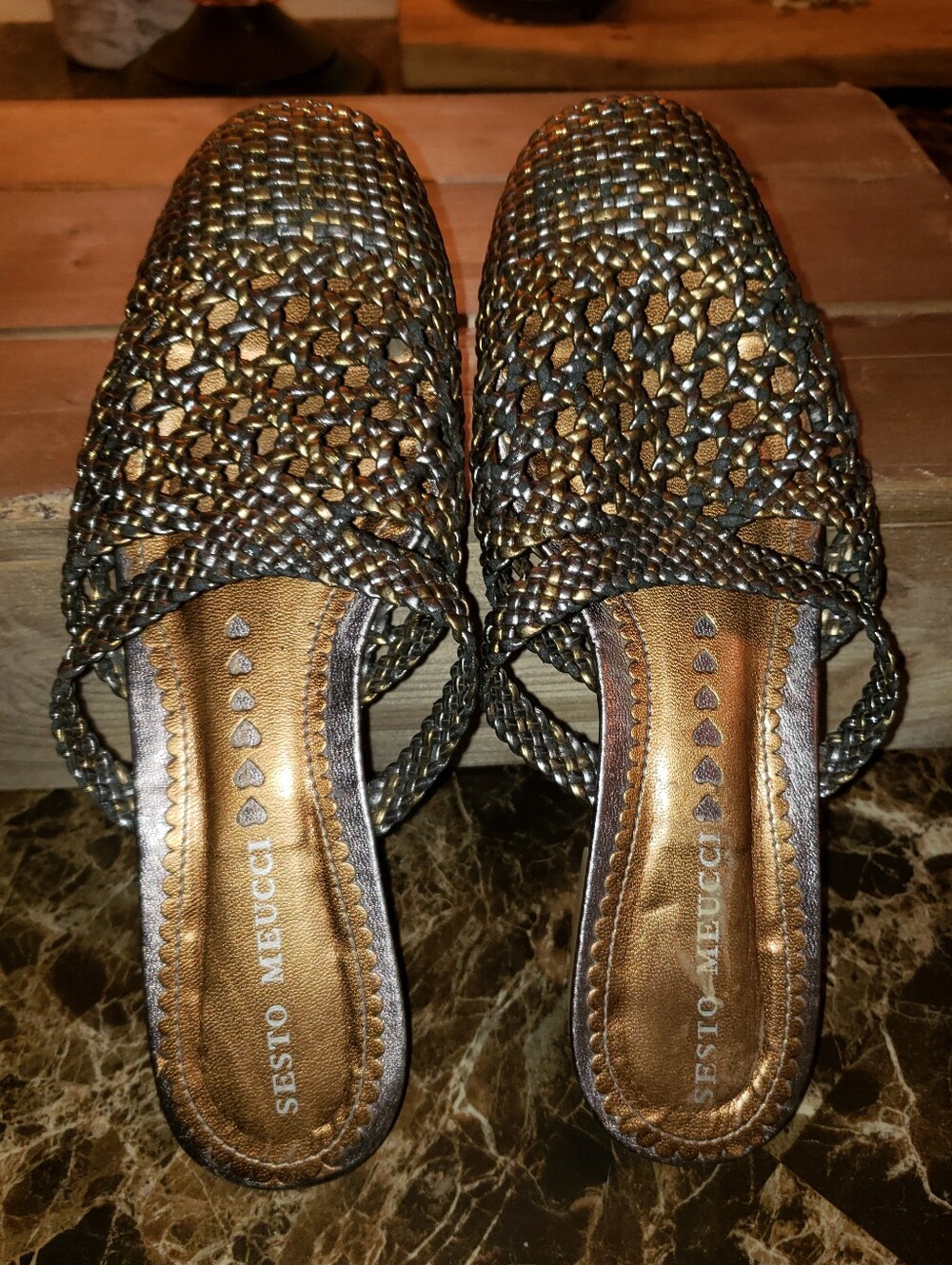 Vintage Sesto Meucci Metallic Bronze & Silver Woven Slip-On Mules